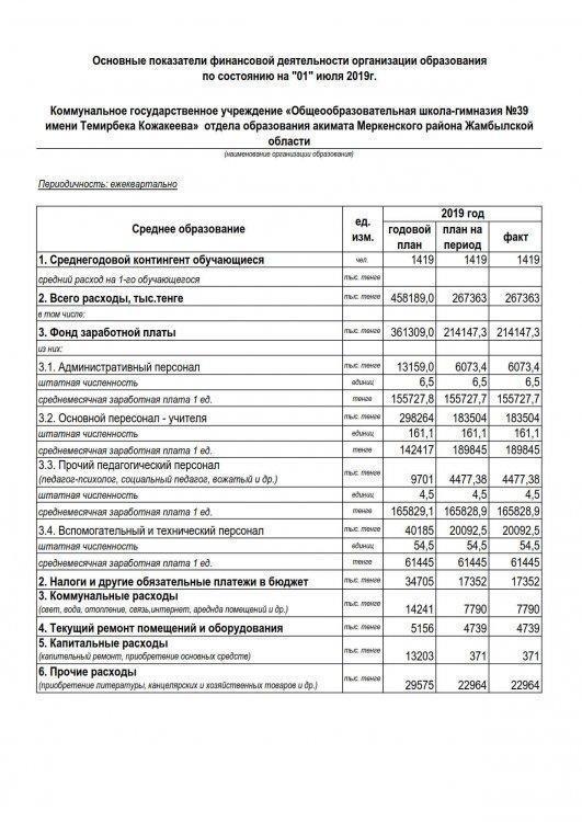 Основные показатели финансовой деятельности организации  по состоянию на "1"июля 2019г.